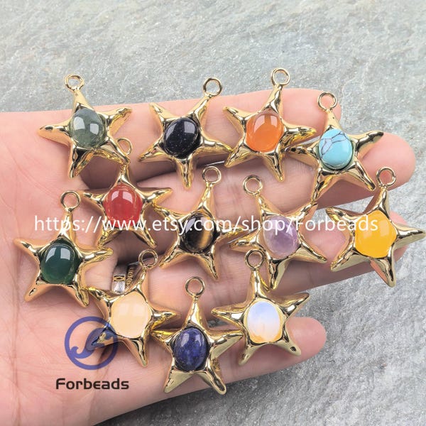 Gold Plated Natural Gemstone Star Pendants Healing Crystal Quartz Pentagram Charms Necklace DIY Jewelry