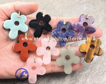 Carved Gemstone Flower Pendants Healing Crystal Quartz Obsidian Aventurine Charms DIY Jewelry Making Supplies