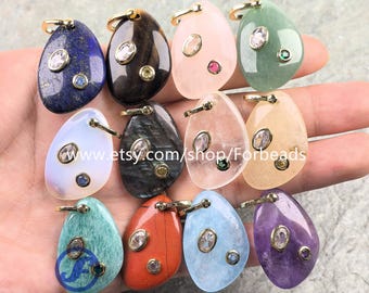 Irregular Quartz Slab Pendants Gemstone With Inlaid Zircon Healing Crystal CZ Charms Necklace Making