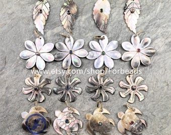 Natural Shell Carved Pendants With Inlaid Zircon Turtle Flower Wings CZ Charms Necklace Making