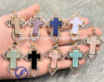 Gemstone Cross Pendants With Inlaid Zircon Reiki Crystal Quartz CZ Charms DIY Jewelry Making