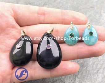 Amazonite Teardrop Pendants With Inlaid Zircon Healing Obsidian Drop CZ Charms DIY Jewelry Making
