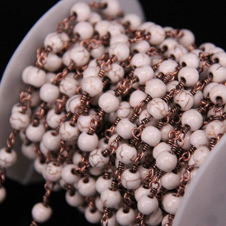 6mm,Plating Antique Red Bronze Wire Wrapped White Turquoises Round Bead Rosary Chain,Link Brass Howlite Sweater Chain Necklace Bracelets