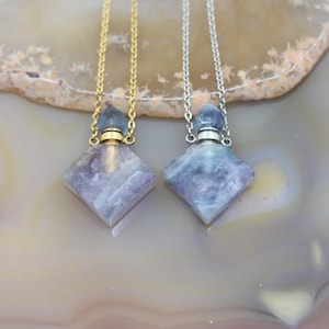 Rainbow Fluorite Square Perfume Bottle Pendant Necklaces,Natural Quartz Diamond Essential Oil Diffuser Vial Charms Jewelry Women Girl Gifts