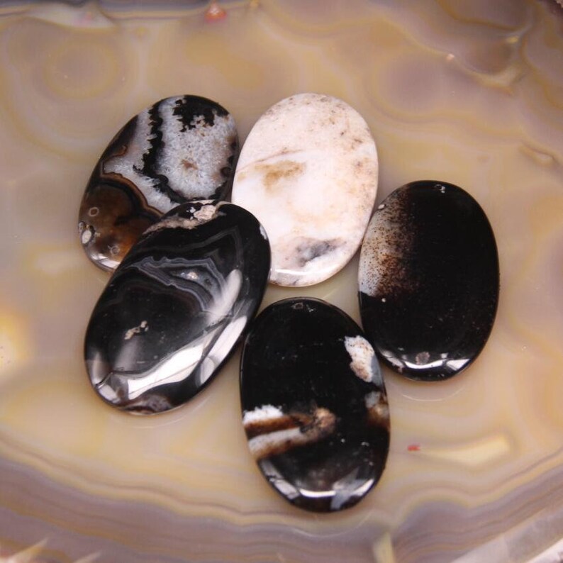 3-10pcs,Oval Slab Black Sakura Agate,Top Drilled Cherry Flower Onxy Slice Nugget Pendant,Raw Druzy Gems Cabochons Smooth Slab Necklace