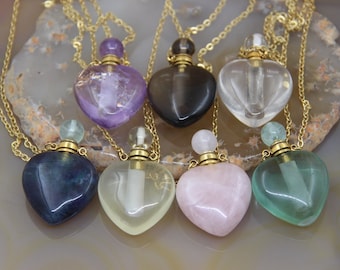 Heart Shape Amethyst Fluorite Perfume Bottle Pendants,Healing Chakra Crystal Rose/Smoky Quartz Essential Oil Diffuser Vial Charms Jewelry