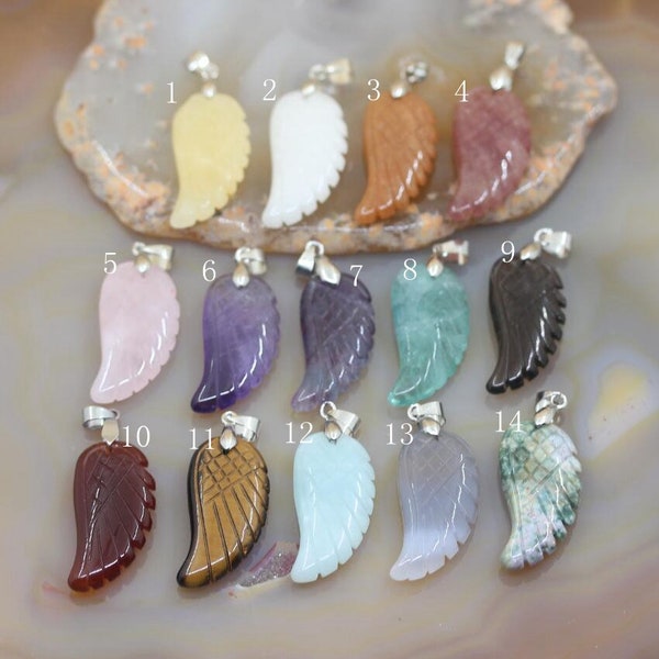 3-10pcs Carve Crystal Amethyst Angel Wing Pendants Earrings,Fluorite Jade Rose/Smoky Quartz Agate Stone Carved Pendants for Necklace Charms