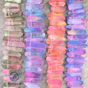 May include: Rows of colorful, raw quartz crystal beads in shades of green, pink, orange, blue, and purple. The crystals are strung together, and the image includes the text "www.etsy.com/hk-en/shop/Forbeads" and the "Forbeads" logo.