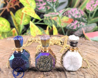Quartz Geode Perfume Bottle Pendant Necklace, Chakra Crystal Diffuser
