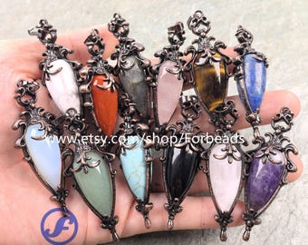 Antique Copper Vase Gemstone Pendants Reiki Crystal Quartz Turquoise Obsidian Teardrop Charms Retro Jewelry