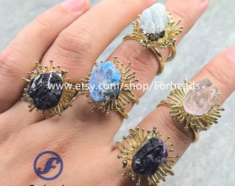 Raw Quartz Apatite Ring Gold Plated Rough Crystal Tourmaline Amethyst Fluorite Adjustable Finger Rings