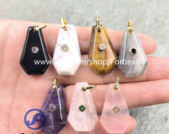 Faceted Quartz Gemstone With Inlaid Zircon Charms Healing Crystal Slab Pendants DIY Jewelry Necklace