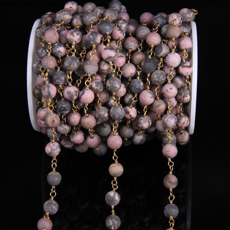 Rhodonite 8mm Matted Round Bead Chain,Brass Wire Wrapped Natural Rhodochrosite Stone Rosary Chain DIY Fashion Necklace bracelet Jewelry