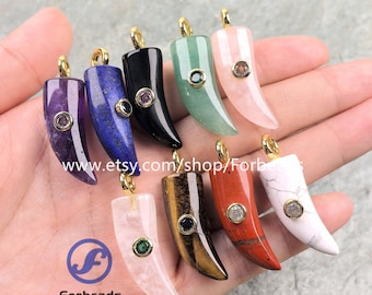 Gemstone Horn Pendants With Inlaid Zircon Crystal Quartz Chili CZ Charms DIY Jewelry Making