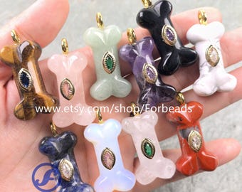 Carved Gemstone Bone Pendants With Inlaid Zircon Reiki Crystal Quartz CZ Charms Necklace Making