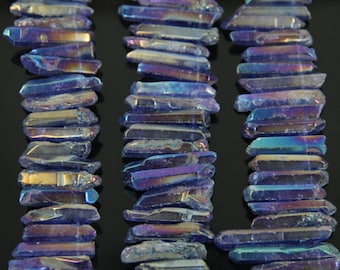 Full Strand Rainbow purple titanium AB coated polished crystal quartz spike pendants,58pcs top drilled raw crystal gem beads 6-8x25-43mm