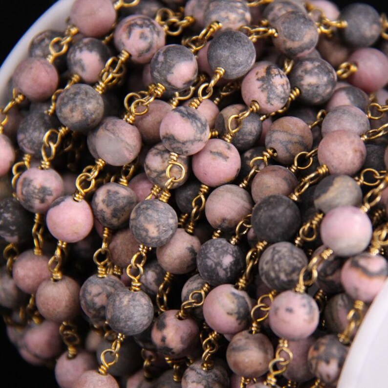 Rhodonite 8mm Matted Round Bead Chain,Brass Wire Wrapped Natural Rhodochrosite Stone Rosary Chain DIY Fashion Necklace bracelet Jewelry