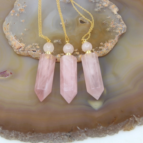 Natural Rose Quartz Hexagon Prism Perfume Bottle Necklace Pendant,Faceted Pink Crystal Pointed Essential Diffuser Vial Charms Jewelry