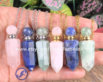Hexagon Point Gemstone Essential Oil Diffuser Pendants,Crystal Rose Quartz Sodalite Perfume Bottle Necklace