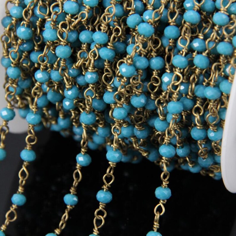 blue glass faceted rondelle beads rosary chains findings,plating brass copper loop necklace wire wrapped beading chains wholesale 3x4mm