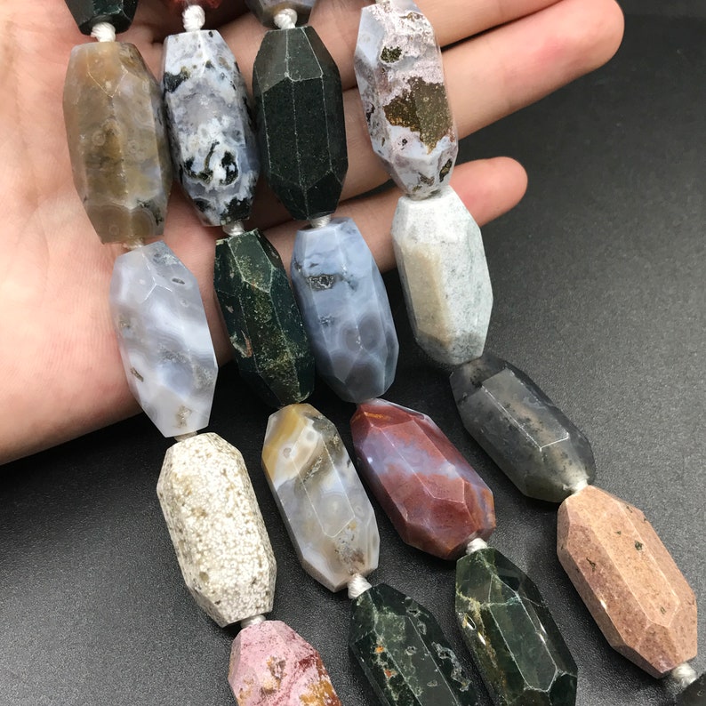 12pcs,Faceted Natural Ocean Agate Nugget Barrel Beads Connectors,Long Size Ocean Jasper Gemstone Pendants Necklaces Bracelets Jewelry Crafts