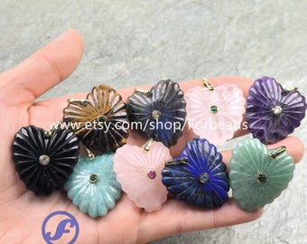 30mm Carved Gemstone Heart Pendants With Inlaid Zircon Charms Healing Crystal Quartz Necklace Making