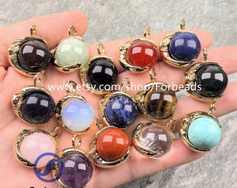 Spinner Round Bead Pendants Gold Plated Gemstone Crystal Quartz Ball Charms Fidget Necklace Jewelry
