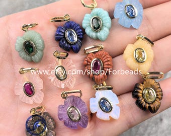 Crystal Quartz Carved Flower Pendants With Inlaid Zircon Gemstone Laef CZ Charms Necklace Making
