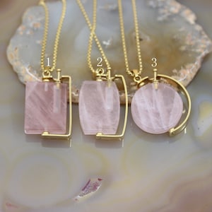 Natural Rose Quartz Rotatable Perfume Bottle Pendant Necklace,Healing Crystal Gemstone Essential Oil Diffuser Vial Charms Jewelry Girl Gifts