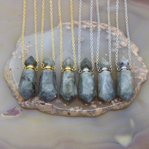 Natural Labradorite Double Pointed Perfume Bottle Necklace Pendant,Healing Crystal Gemstone Hexagon Prism Essential Oil Diffuser Vial Charms