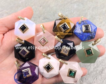 Colored Zircon Inlaid Gemstone Hexagon Slab Pendants Reiki Crystal Quartz CZ Charms Jewelry Making