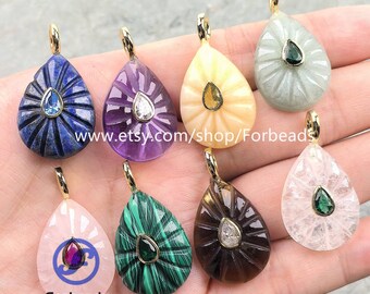 18x25mm Carved Gemstone Teardrop Pendants With Inlaid Zircon Drop Charms Crystal Quartz Necklace Making
