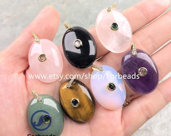22x30mm Oval Gemstone Pendants With Inlaid Zircon Crystal Quartz CZ Charms DIY Jewelry Making