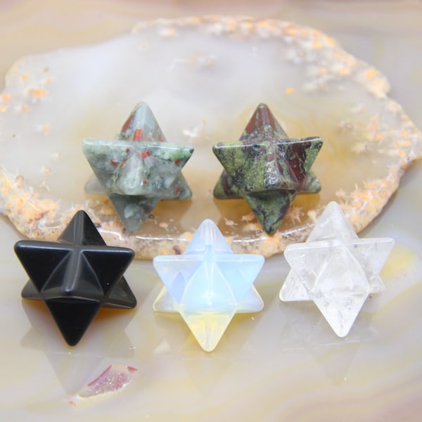 35mm Gemstones Merkaba Star,Healing Crystal Star Decor Pocket Stone,Natural Obsidian/Opal/Blood Japser Carved Sacred Geometry Chakra Star