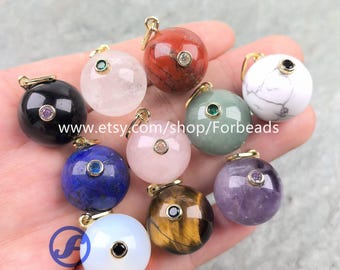 18mm Gemstone Sphere With Inlaid Zircon Ball Pendants Crystal Quartz Round Bead CZ Charms