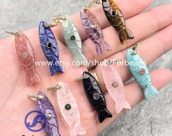 Carved Quartz Fish Pendants With Inlaid Zircon Crystal Gemstone Animal CZ Charms Jewelry Making