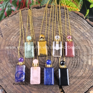 Rectangle Natural Gemstone Perfume Bottle Pendant Necklace,Crystal Quartz Amethyst Lapis Obsidian Essential Oil Diffuser Vial Charms Chains