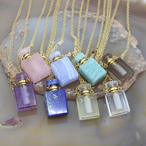 Rectangle Natural Gemstone Perfume Bottle Pendant Necklace,Blue Lace Agate Lapis Lemon Quartz Essential Diffuser Vial Charms Girl Gifts