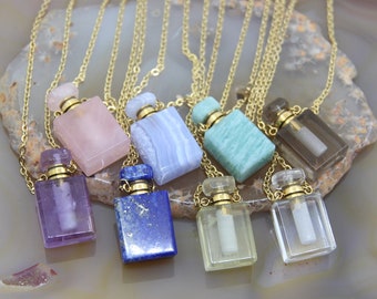 Rectangle Natural Gemstone Perfume Bottle Pendant Necklace,Blue Lace Agate Lapis Lemon Quartz Essential Diffuser Vial Charms Girl Gifts
