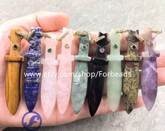 Crystal Quartz Sword Pendants With Inlaid Zircon Carved Gemstone Dagger CZ Charms Jewelry Making