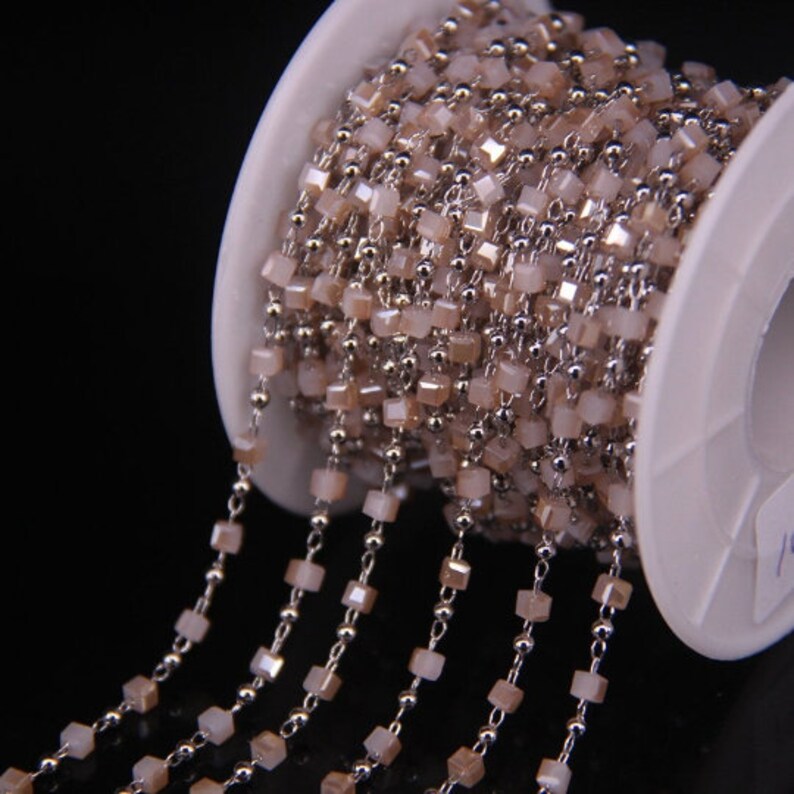 6Color Choice,Glass Square 2.5mm Beaded Silver Brass Wire Wrapped Rosary Chains,Brass Round Bead Fashion Necklace Bracelet Jewelry Making
