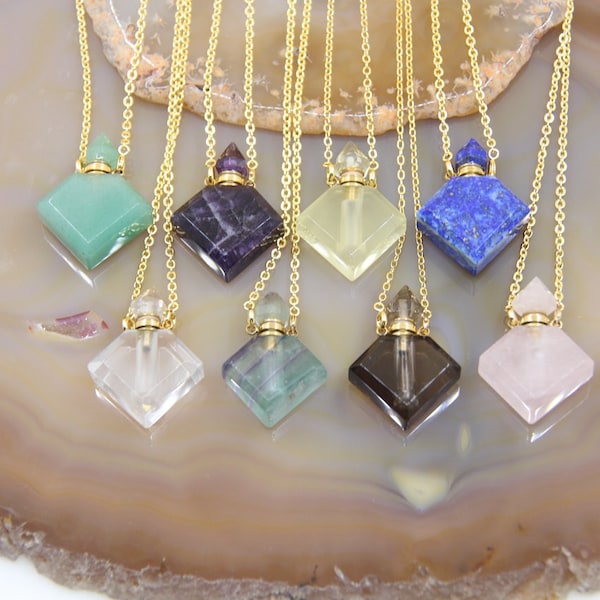 Diamond Shaped Crystal Perfume Bottle Pendant Necklaces,Natural Gemstone Quartz Amethyst Square Essential Oil Diffuser Vial Charms Jewelry