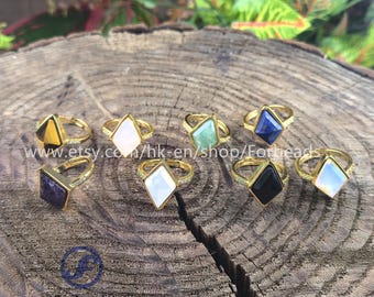 Natural Gemstone Gold Plated Ring Faceted Rhombus Amethyst Lapis Aventurine Rose Quartz Adjustable Finger Rings Fashion Women Jewelry Gifts