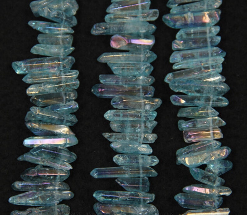 Approx 78pcs Rainbow aqua blue coated crystal quartz stick pendant,top drilled gemstone polished point bead charm making jewelry 4-6x18-30mm image 1