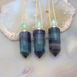Beautiful Rainbow Fluorite Hexagon Prism Perfume Bottle Necklace Pendants,Natural Gemstone Pointed Essential Diffuser Vial Charms Gifts