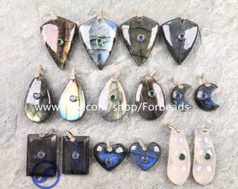 Geometric Labradorite Charms With Inlaid Zircon Flash Gemstone Heart Teardrop Moon Pendants Necklace Making