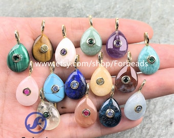 12x16mm Teardrop Gemstone Pendants With Inlaid Zircon Reiki Crystal CZ Charms DIY Jewelry Necklace