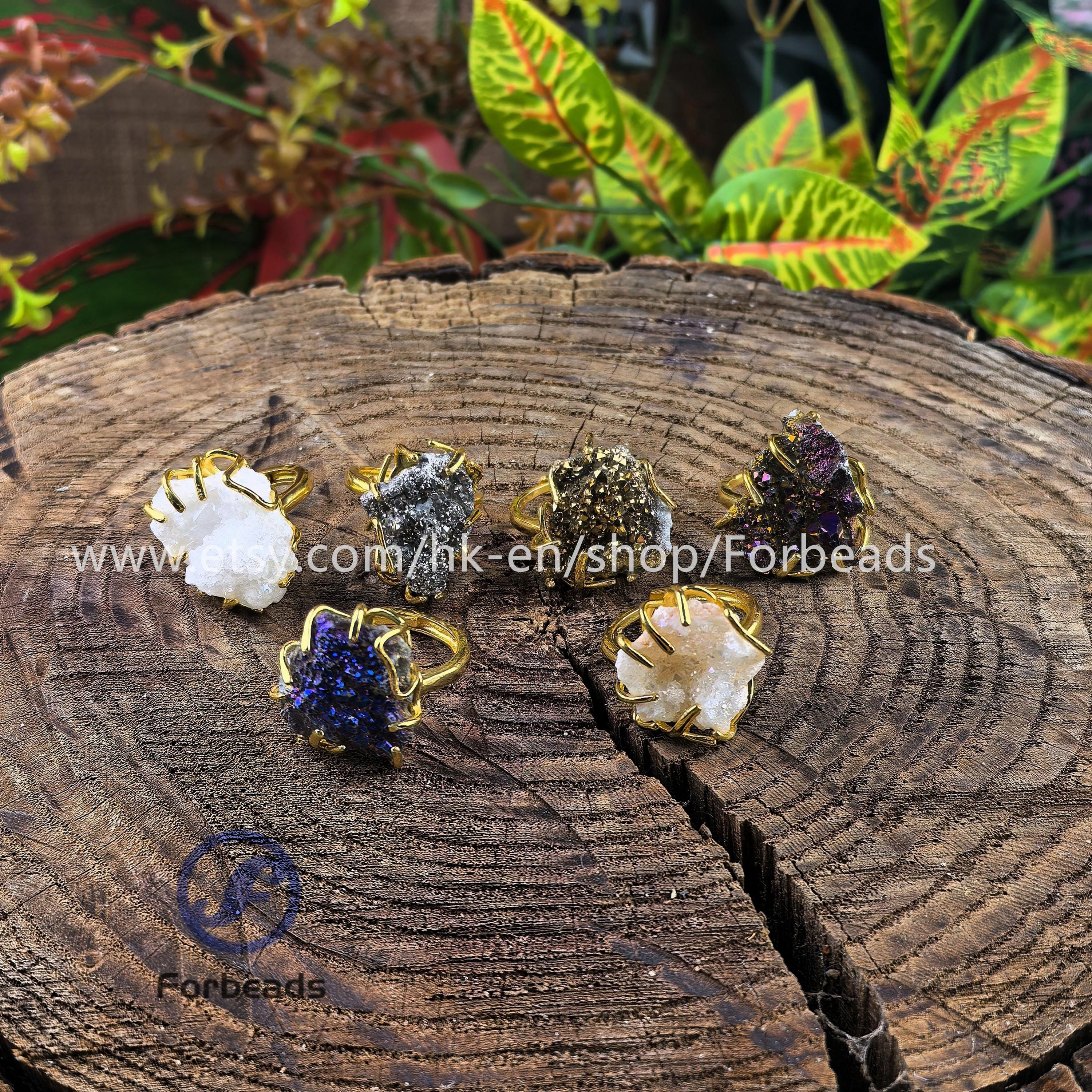Natural Quartz Druzy Drusy Ring,Irregular Raw Crystal Geode Nugget Adjustable Gold Plated Finger Rings Fashion Women Jewelry Wedding Gifts