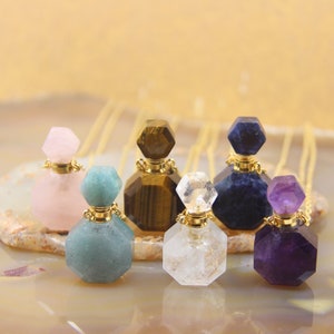 Faceted Natural Crystal Quartz Perfume Bottle Necklace Pendant,Healing Amethyst Rose Quartz Essential Diffuser Vial Charms Women Jewelry
