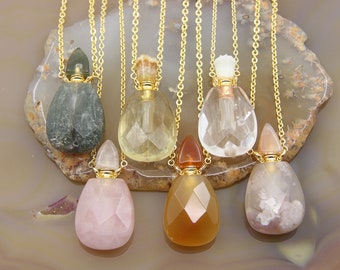 Crystal Perfume Bottle Pendant Necklace, Rose Quartz, Agate Diffuser (13x23x43mm)